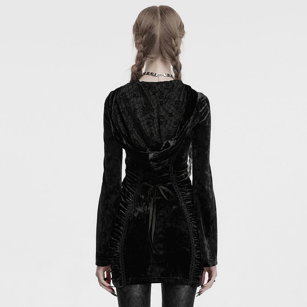 Women's Gothic Lace Cross Splice Velvet Hooded Dress Black - Image 3
