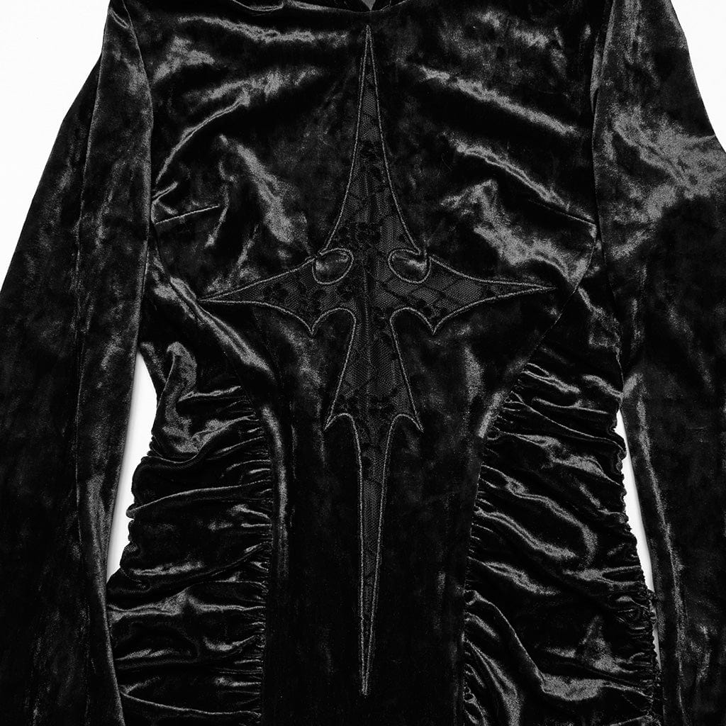 Women's Gothic Lace Cross Splice Velvet Hooded Dress Black - Image 7