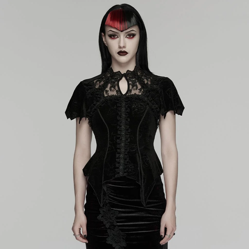 Women's Gothic Lace Cutout Rose Printed Velvet Short Sleeved Top
