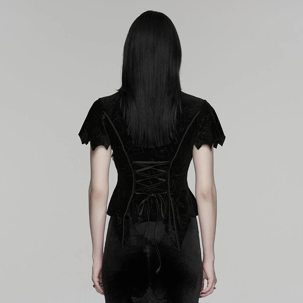 Women's Gothic Lace Cutout Rose Printed Velvet Short Sleeved Top - Image 3