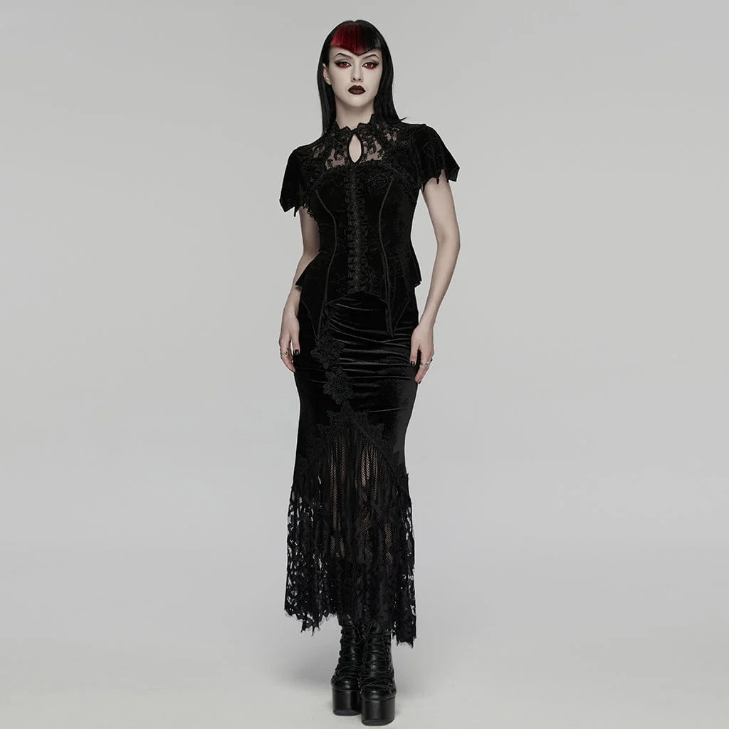 Women's Gothic Lace Cutout Rose Printed Velvet Short Sleeved Top - Image 4