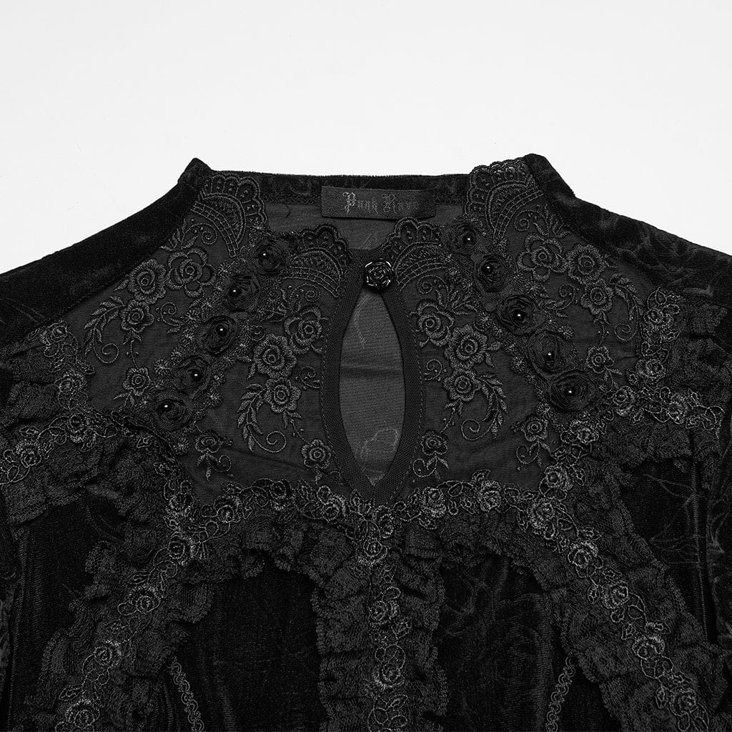 Women's Gothic Lace Cutout Rose Printed Velvet Short Sleeved Top - Image 6