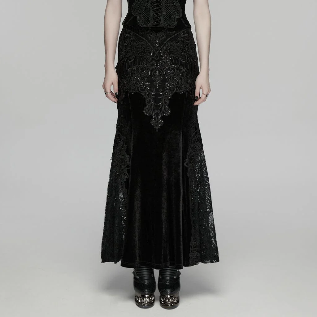 Women's Gothic Lace Embroidered Velvet Skirt