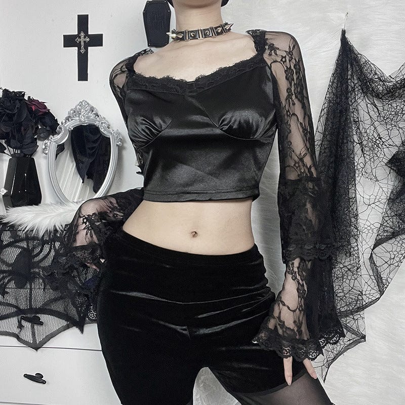 Women's Gothic Lace Flare Sleeved Crop Top - Image 3