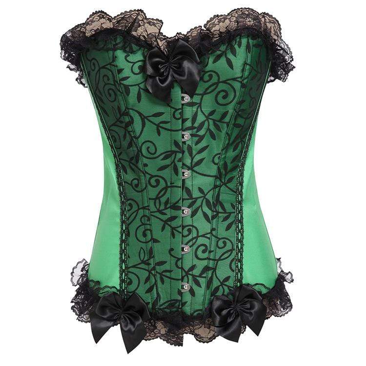 Women's Gothic Lace Hem Floral Mesh Splicing Satin Overbust Corsets With T-back - Image 2
