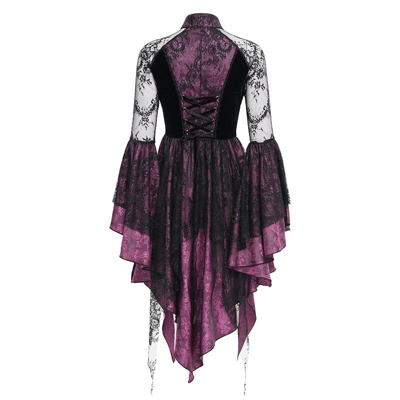 Women's Gothic Lace Lace-up Long Sleeved Dress Black Purple - Image 8