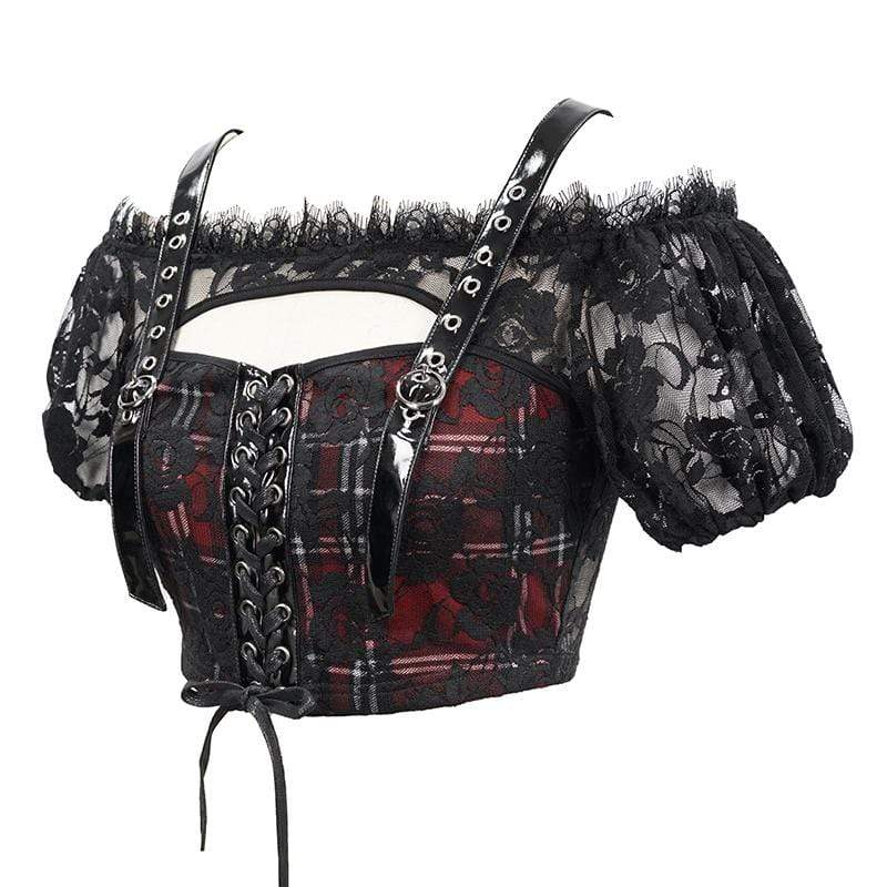 Women's Gothic Lace Overlay Scottish Check Short Puffed Sleeve Tops - Image 5