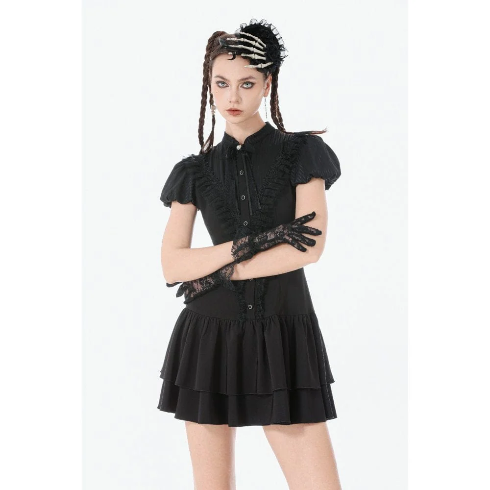 Women's Gothic Lace Pleated Bow-Trim Dress - Image 3
