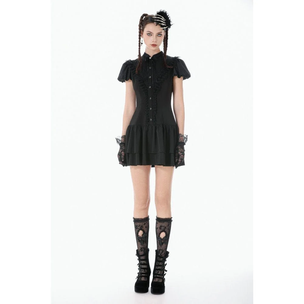 Women's Gothic Lace Pleated Bow-Trim Dress - Image 4