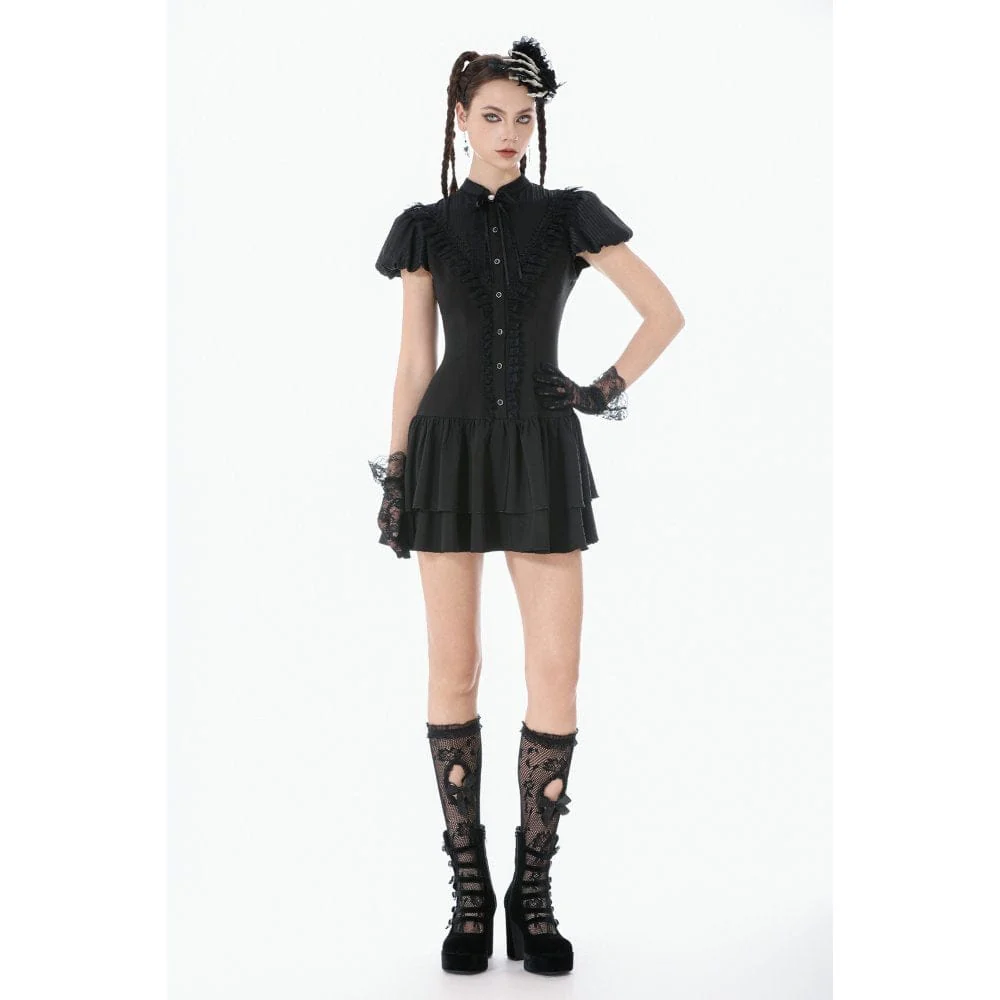 Women's Gothic Lace Pleated Bow-Trim Dress - Image 5