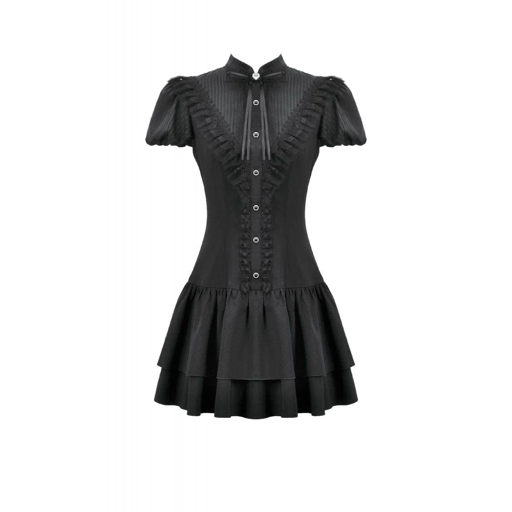 Women's Gothic Lace Pleated Bow-Trim Dress - Image 9