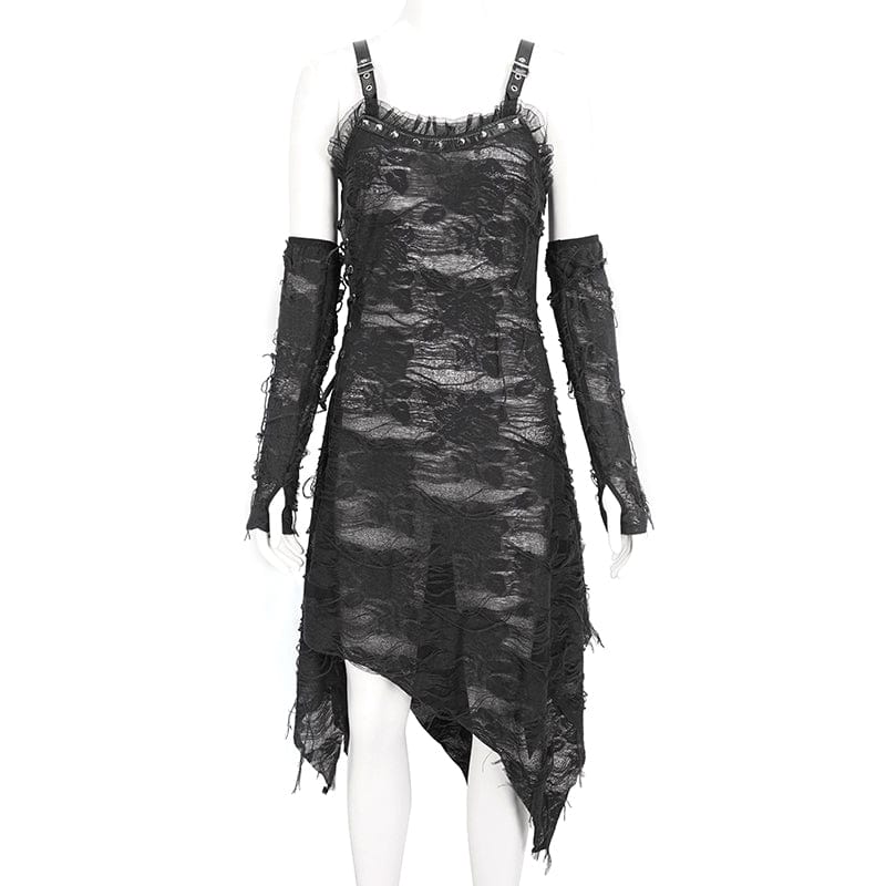 Women's Gothic Lace Ripped Hem Dress with Arm Sleeves - Image 7