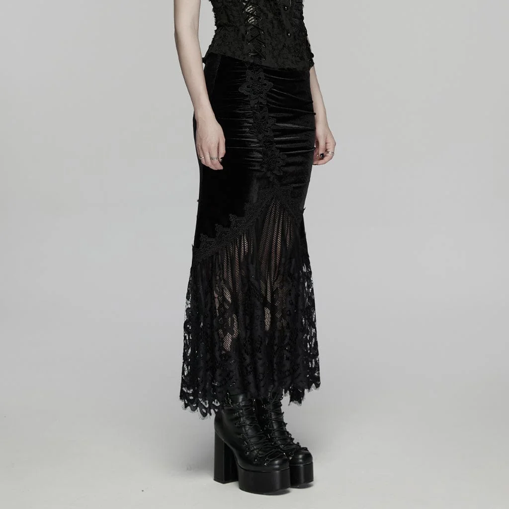 Women's Gothic Lace Ruched Fishtail Velvet Skirt Black - Image 2