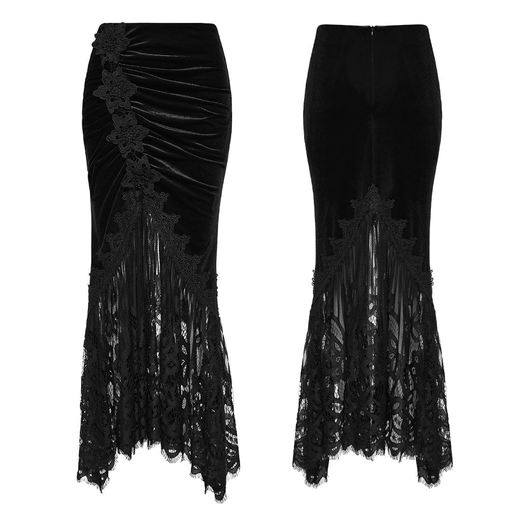 Women's Gothic Lace Ruched Fishtail Velvet Skirt Black - Image 5