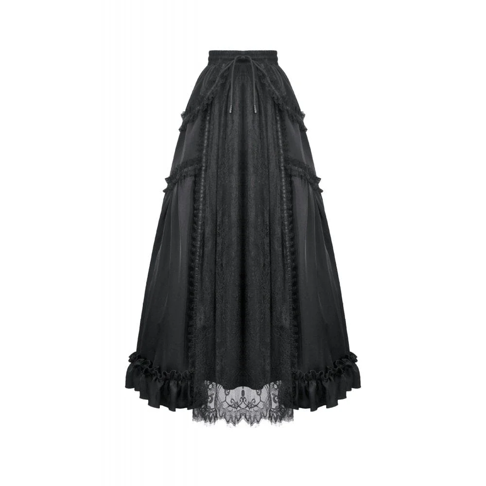 Women's Gothic Lace Ruched Ruffled Maxi Skirt Black - Image 11