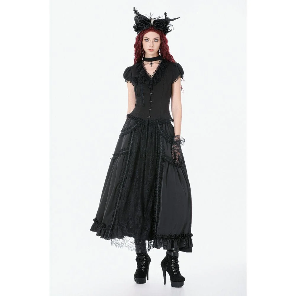 Women's Gothic Lace Ruched Ruffled Maxi Skirt Black - Image 5
