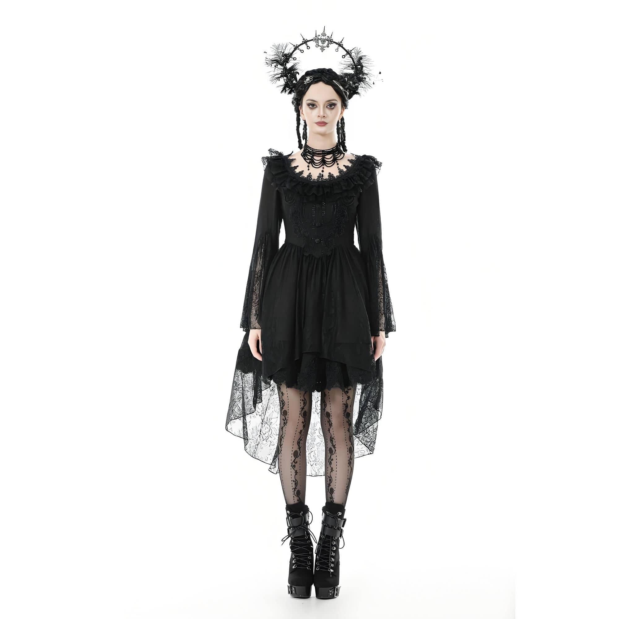 Women's Gothic Lace Ruffled Collar Flared Sleeved Dress - Image 2