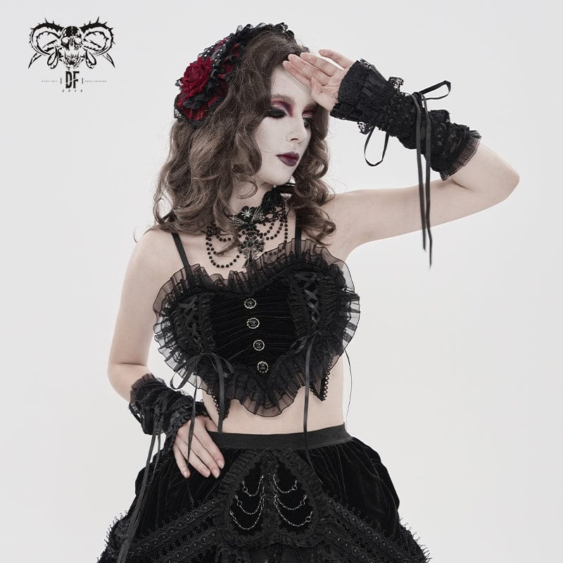 Women's Gothic Lace Ruffled Ruched Bustier Black