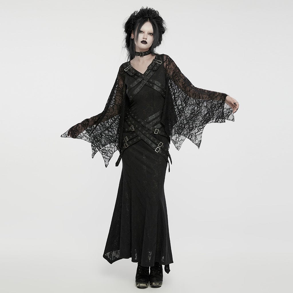 Women's Gothic Lace Sleeved Buckle Strap Splice Party Dress - Image 4