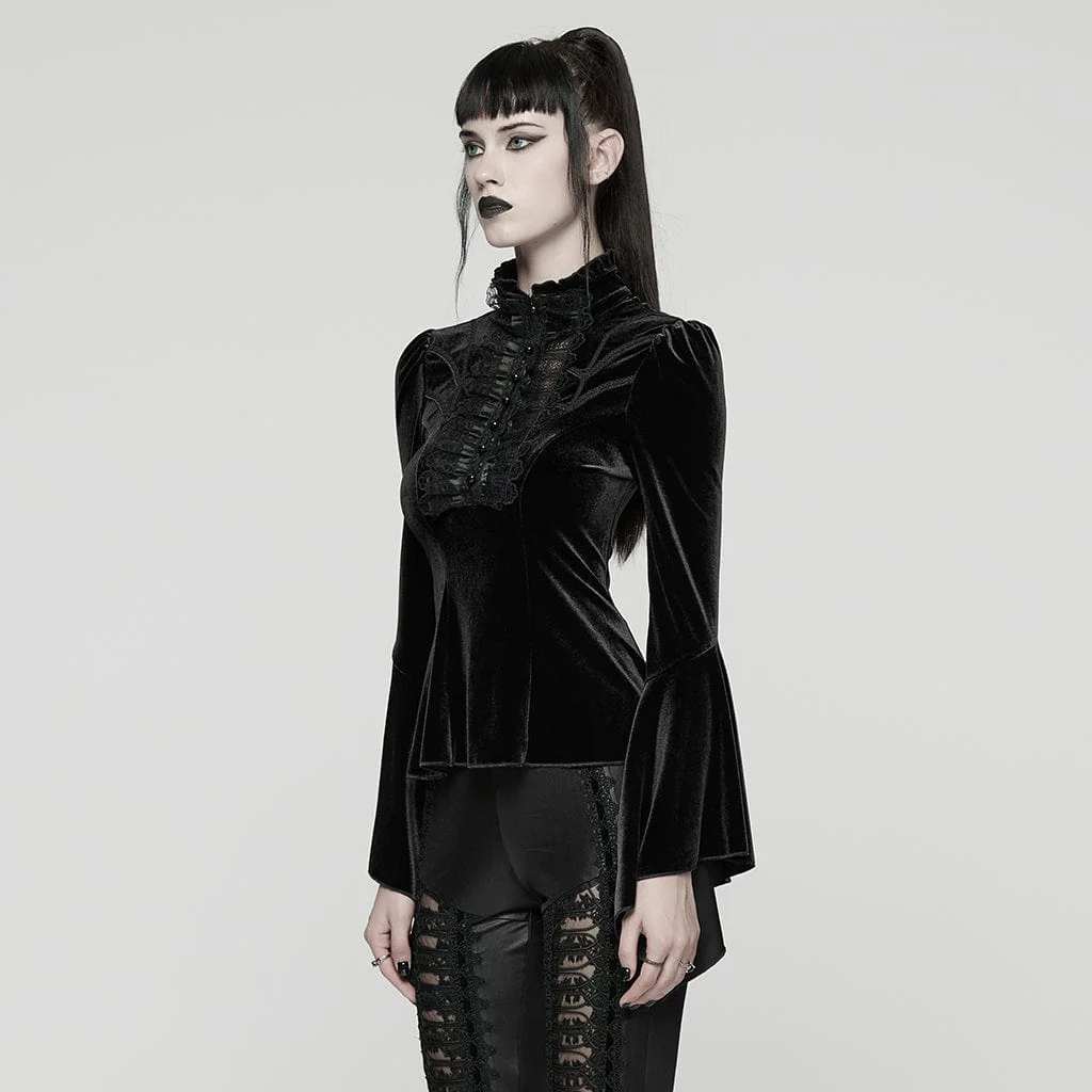 Women's Gothic Lace Splice Bell Sleeved Top Black - Image 2