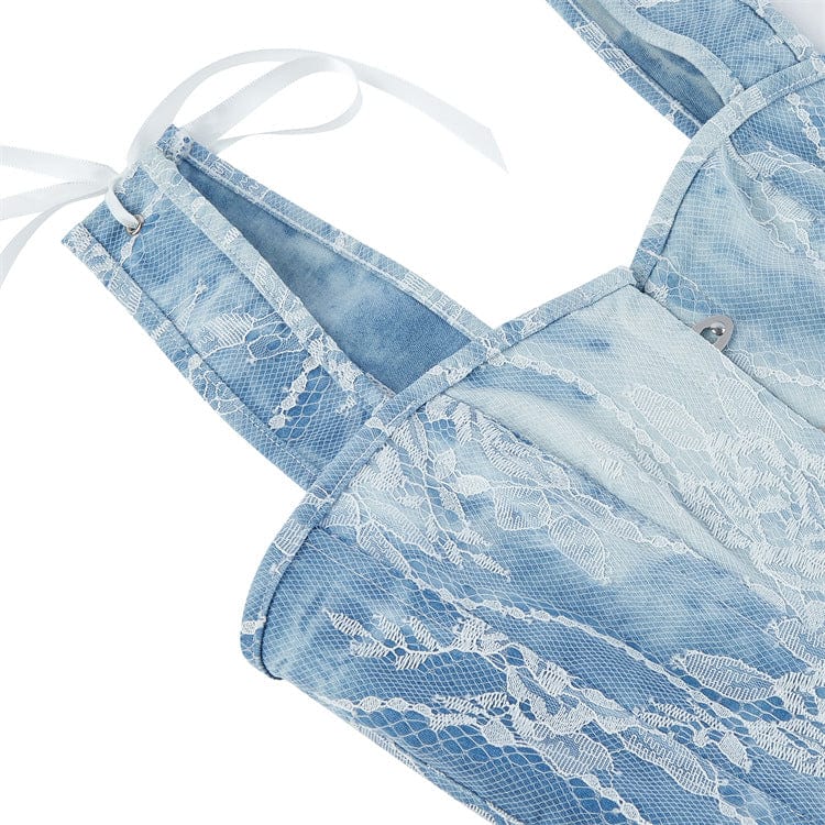 Women's Gothic Lace Splice Denim Overbust Corset - Image 6
