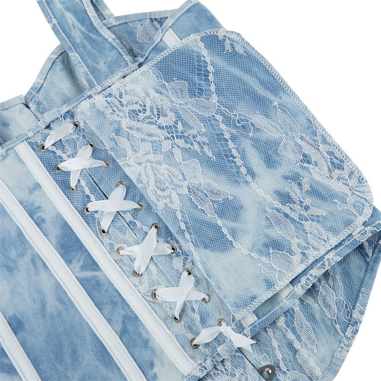 Women's Gothic Lace Splice Denim Overbust Corset - Image 7