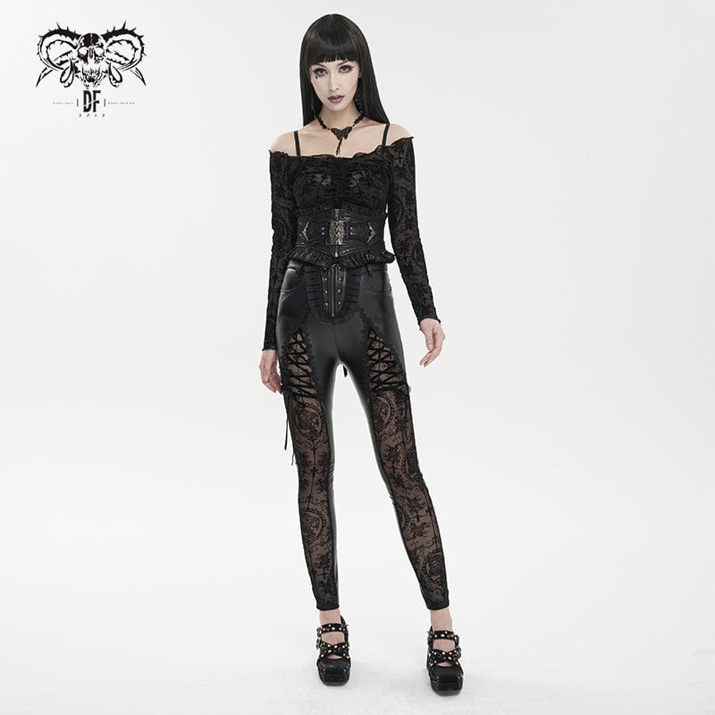 Women's Gothic Lace Splice Faux Leather Leggings - Image 4