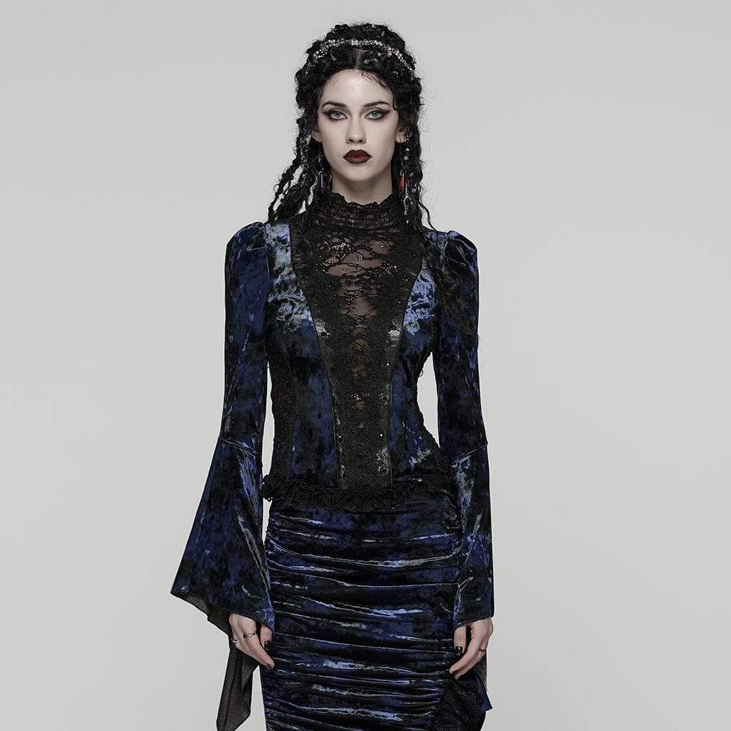 Women's Gothic Lace Splice Lace-up Flared Sleeved Shirt Blue