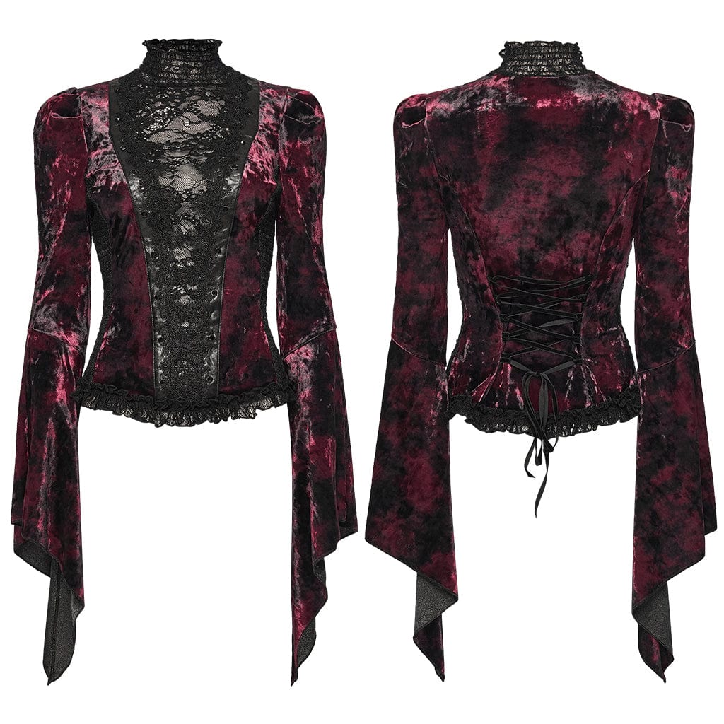 Women's Gothic Lace Splice Lace-up Flared Sleeved Shirt Red - Image 5