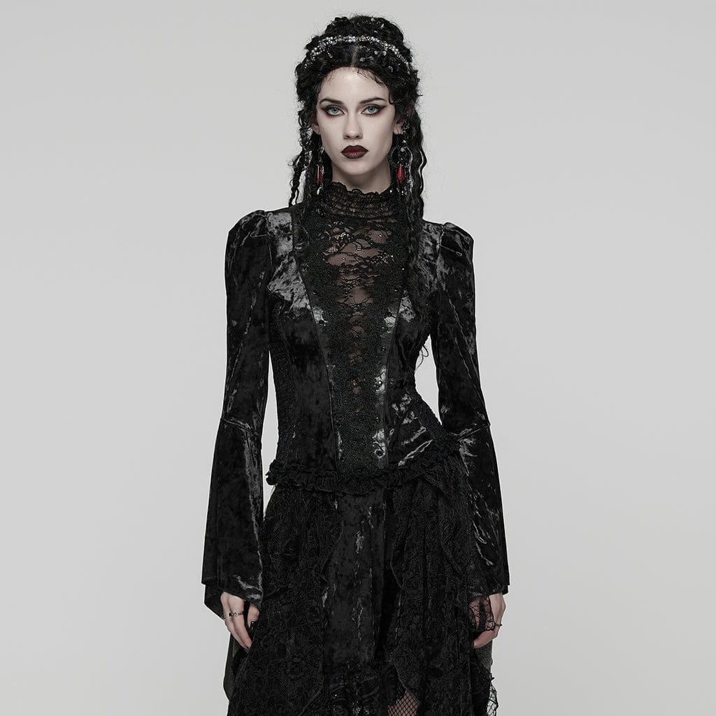 Women's Gothic Lace Splice Lace-up Flared Sleeved Top Black