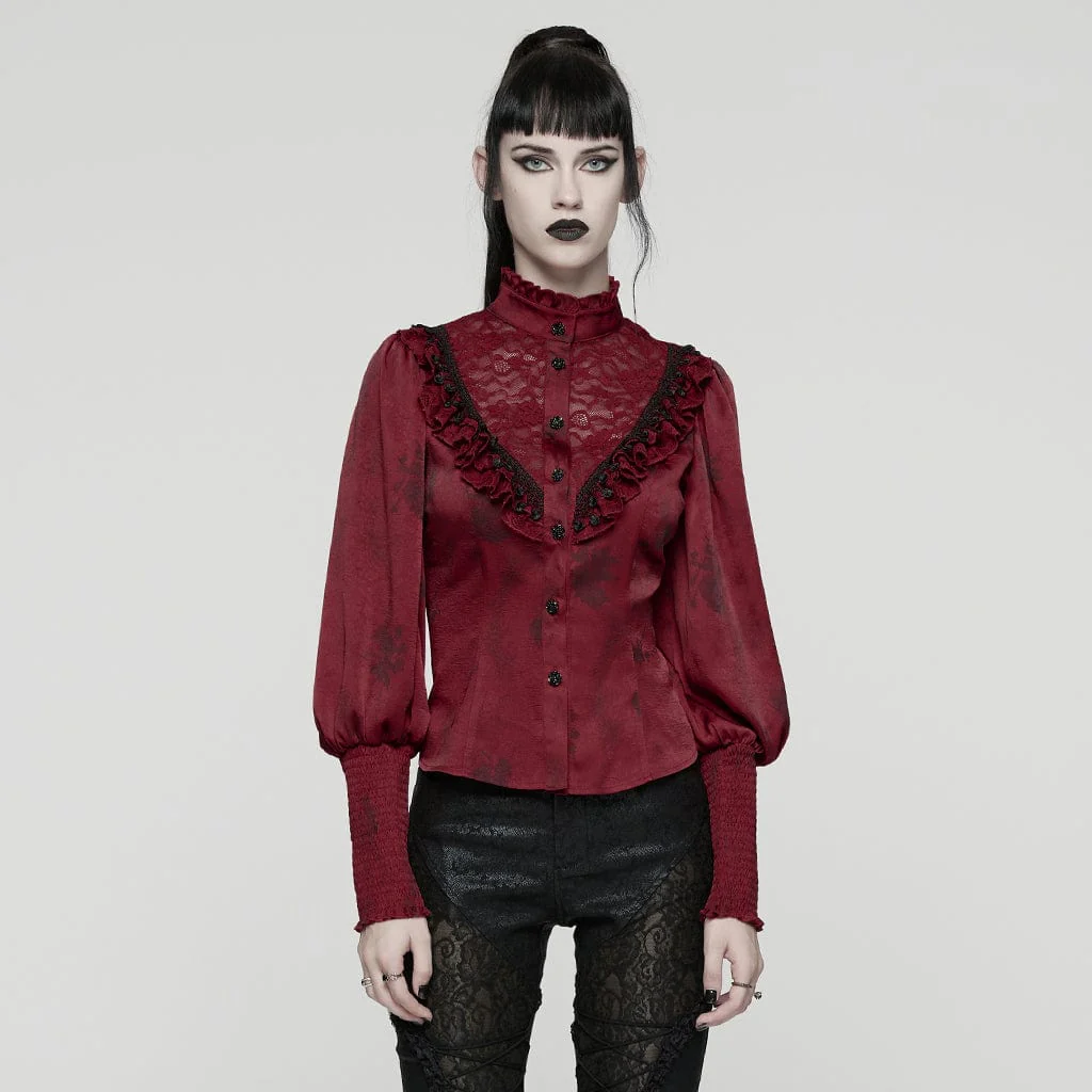 Women's Gothic Lace Splice Puff Sleeved Ruffle Shirt Red