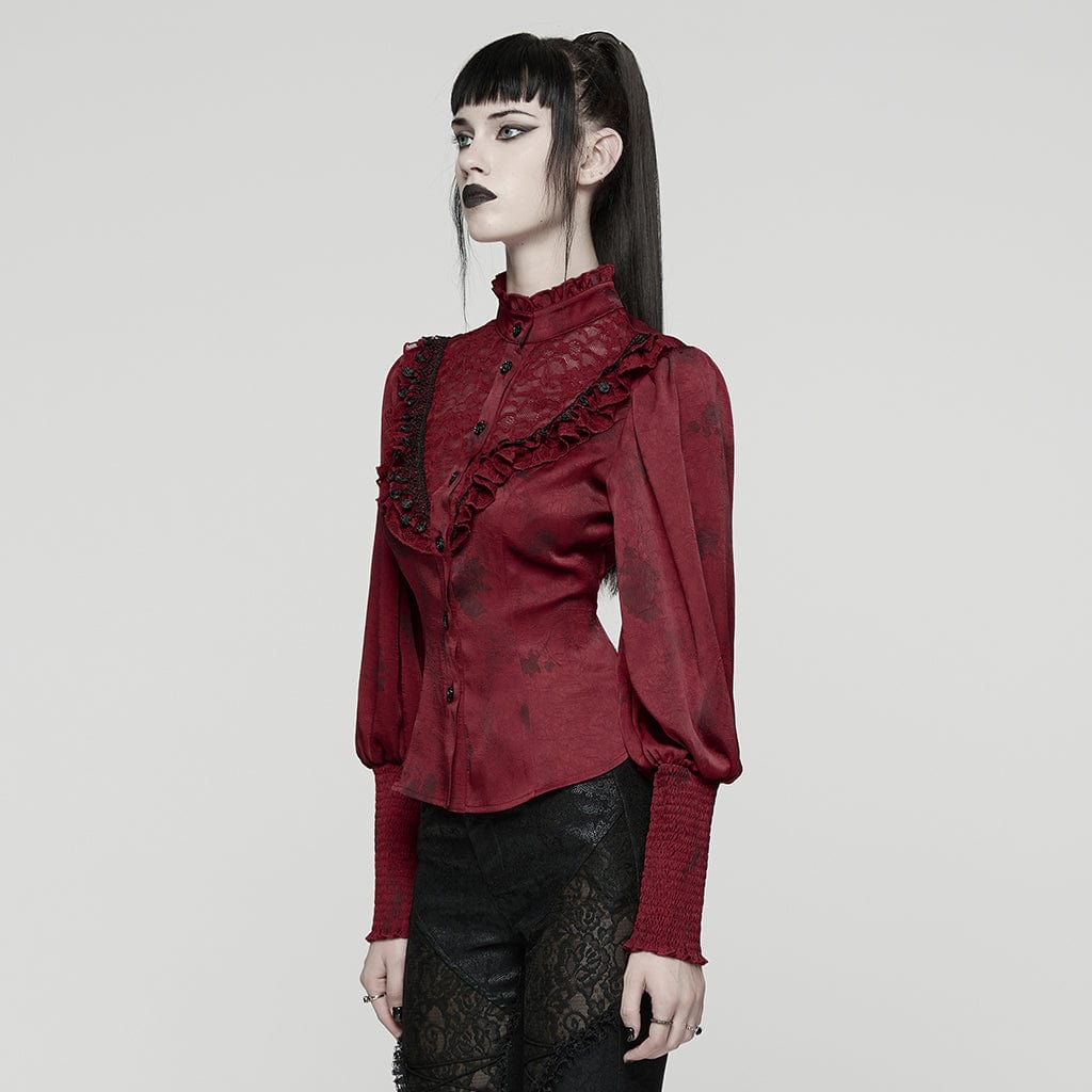 Women's Gothic Lace Splice Puff Sleeved Ruffle Shirt Red - Image 2