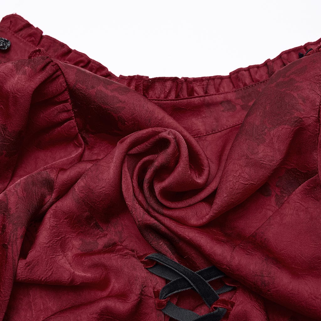Women's Gothic Lace Splice Puff Sleeved Ruffle Shirt Red - Image 9