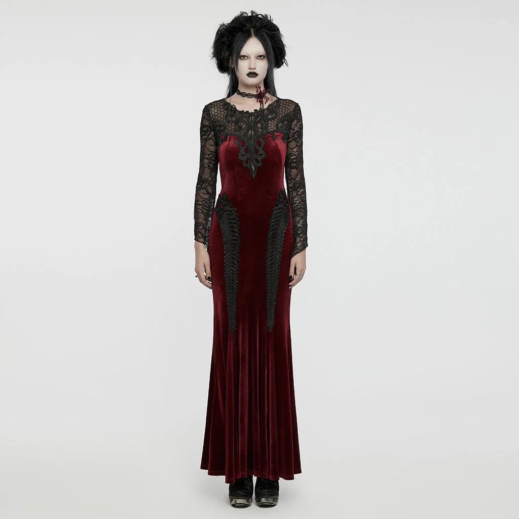 Women's Gothic Lace Splice Velvet Fishtailed Prom Dress Wedding Dress Red