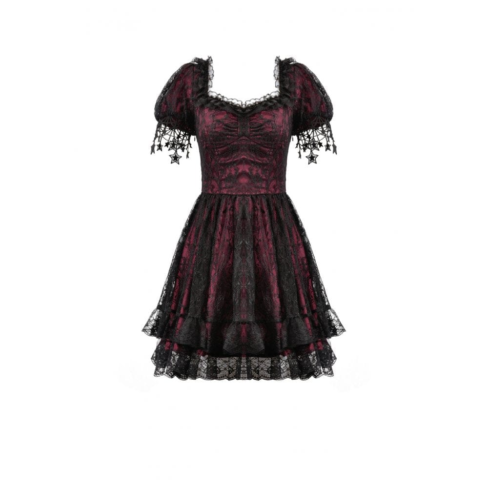 Women's Gothic Lace Star Square-cut Collar Short Sleeved Dress Graduation Dress - Image 11