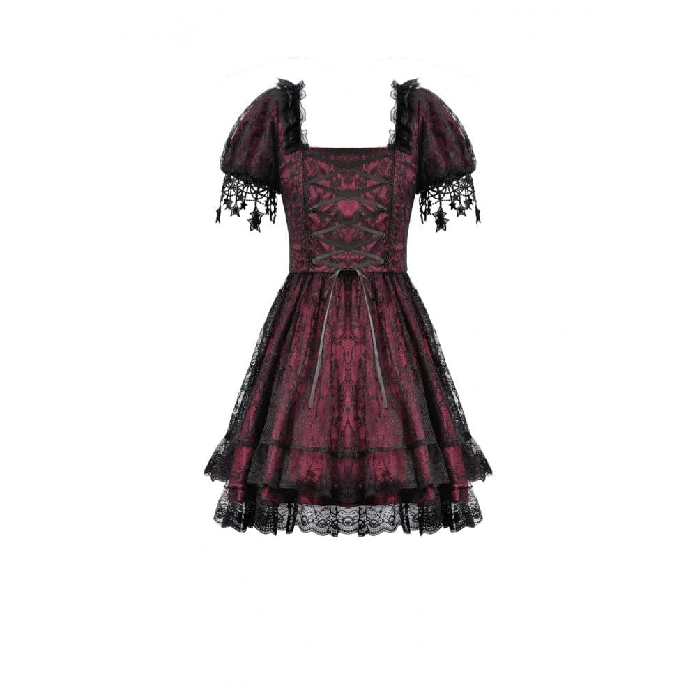 Women's Gothic Lace Star Square-cut Collar Short Sleeved Dress Graduation Dress - Image 12