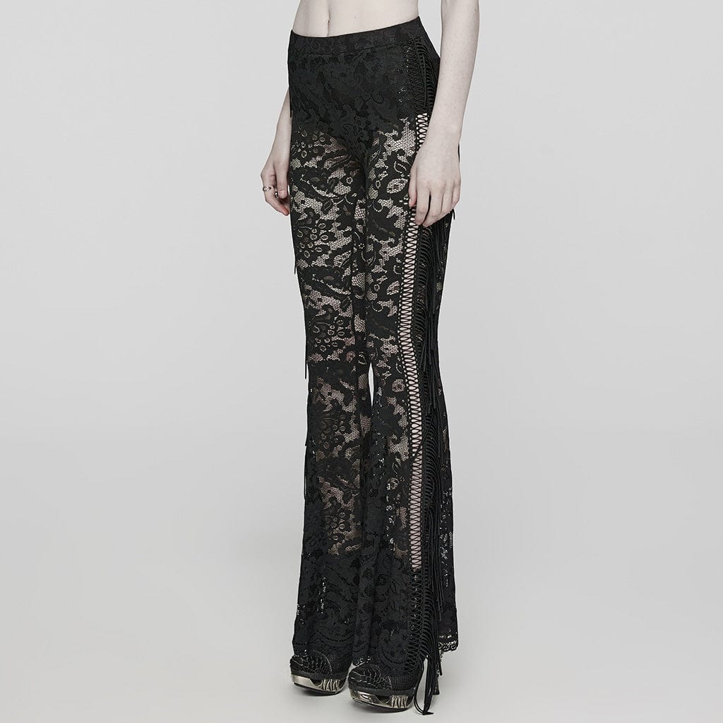 Women's Gothic Lace Tassels Flared Pants Black - Image 2