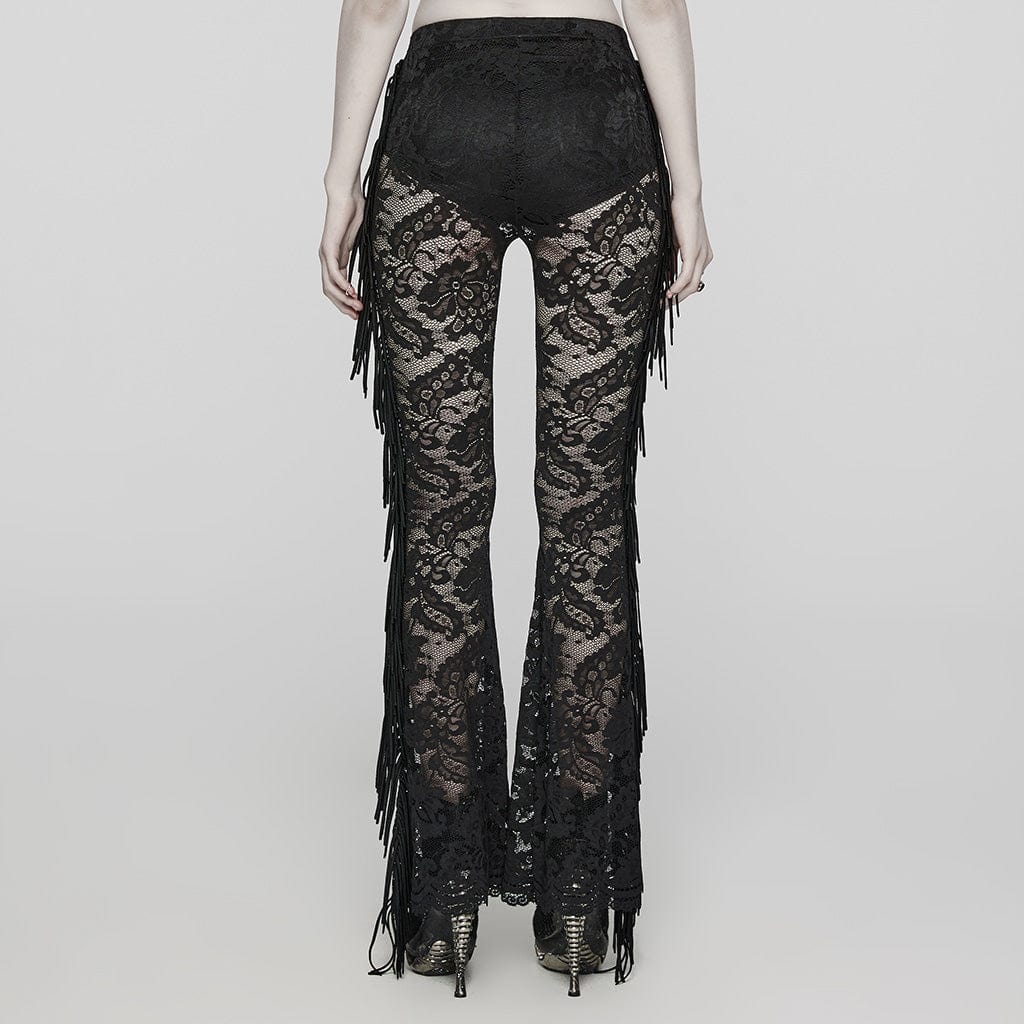 Women's Gothic Lace Tassels Flared Pants Black - Image 3