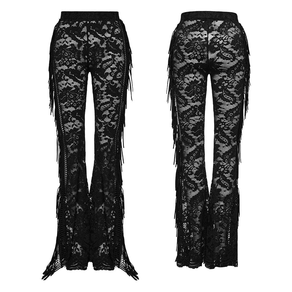 Women's Gothic Lace Tassels Flared Pants Black - Image 5
