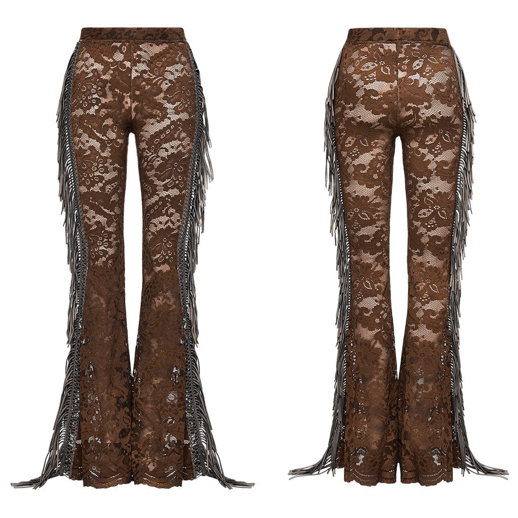 Women's Gothic Lace Tassels Flared Pants Coffee - Image 5
