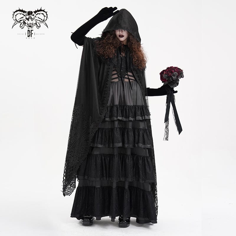 Women's Gothic Lace Tassels Mesh Cloak with Hood - Image 2