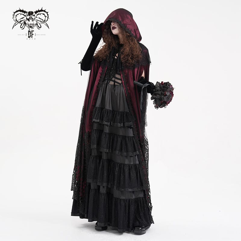 Women's Gothic Lace Tassels Mesh Cloak with Hood Red - Image 2