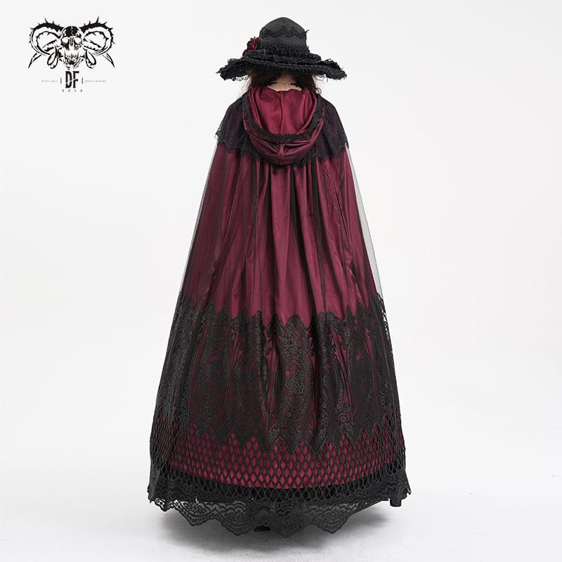 Women's Gothic Lace Tassels Mesh Cloak with Hood Red - Image 6