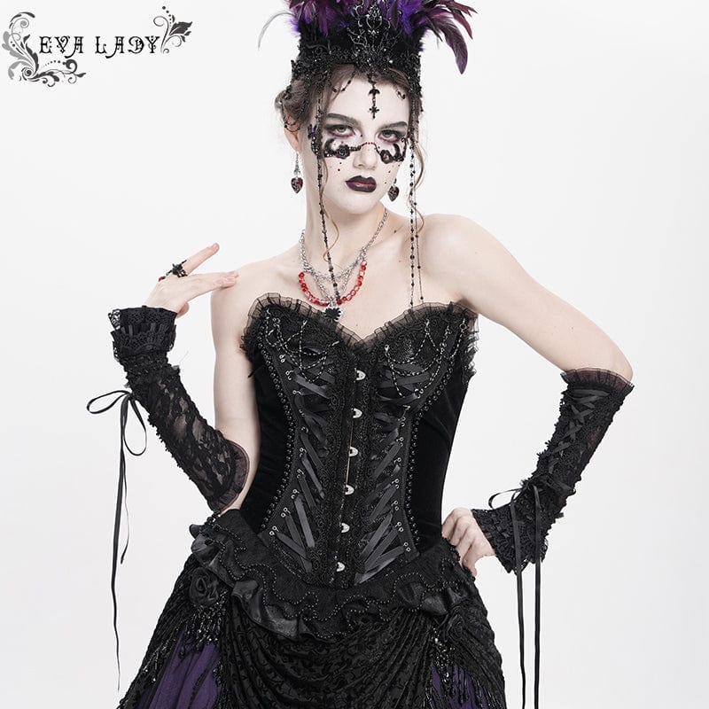 Women's Gothic Lace-up Beaded Lace Overbust Corset Black - Image 2