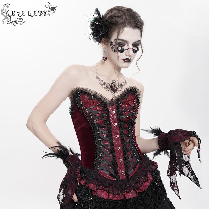 Women's Gothic Lace-up Beaded Lace Overbust Corset Red - Image 3