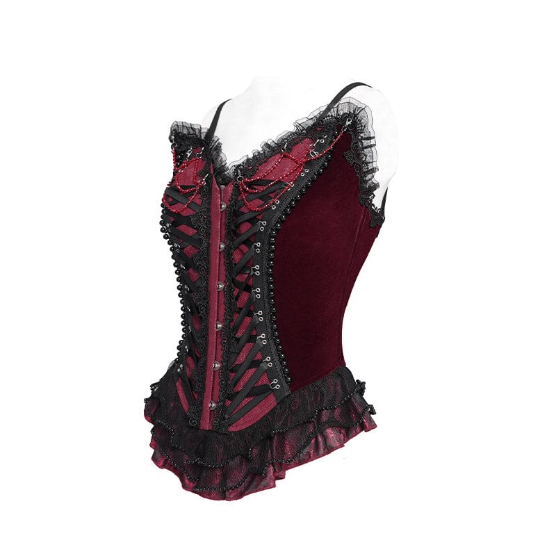 Women's Gothic Lace-up Beaded Lace Overbust Corset Red - Image 8