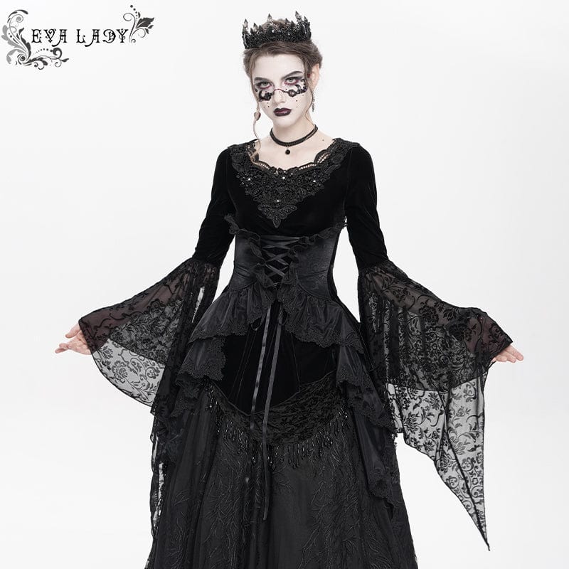 Women's Gothic Lace-up Beaded Ruched Velvet Long Sleeved Shirt - Image 2