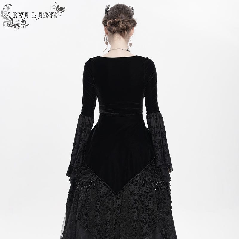 Women's Gothic Lace-up Beaded Ruched Velvet Long Sleeved Shirt - Image 6
