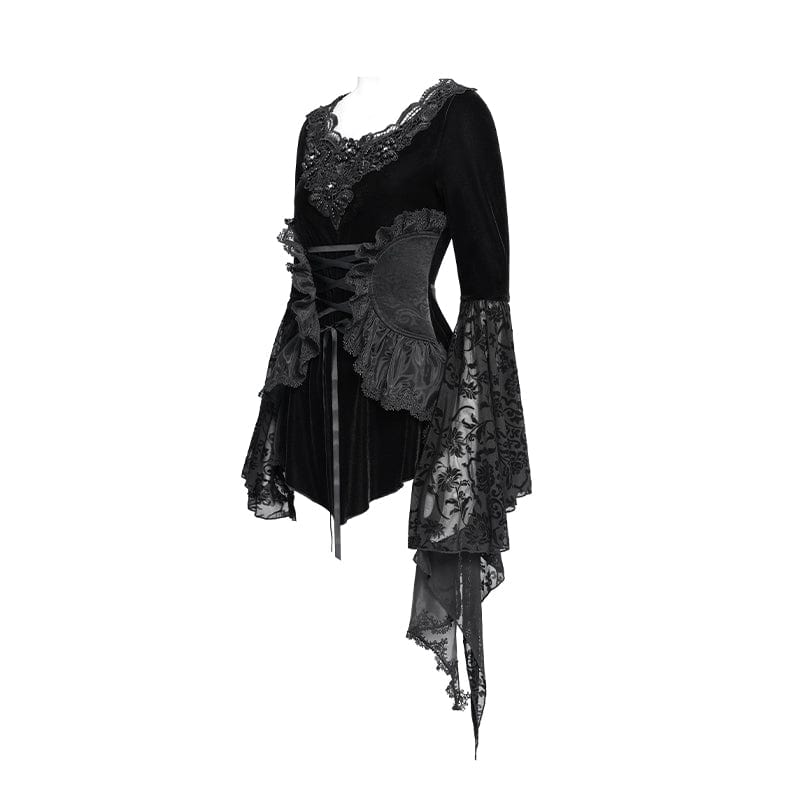 Women's Gothic Lace-up Beaded Ruched Velvet Long Sleeved Shirt - Image 9