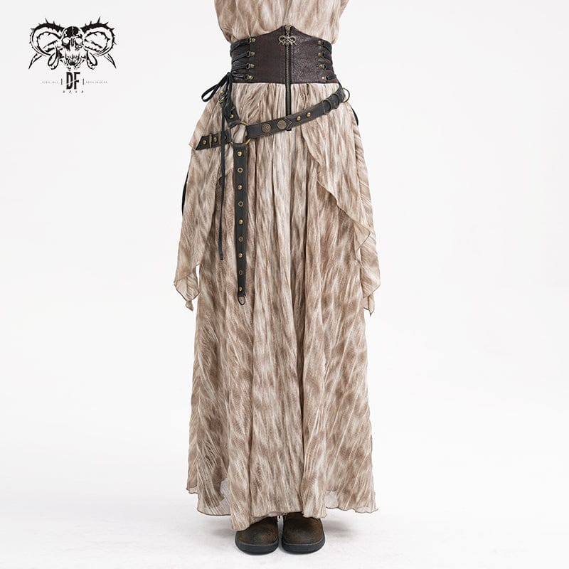 Women's Gothic Lace-up Eyelets Rivets Long Skirt Coffee - Image 2